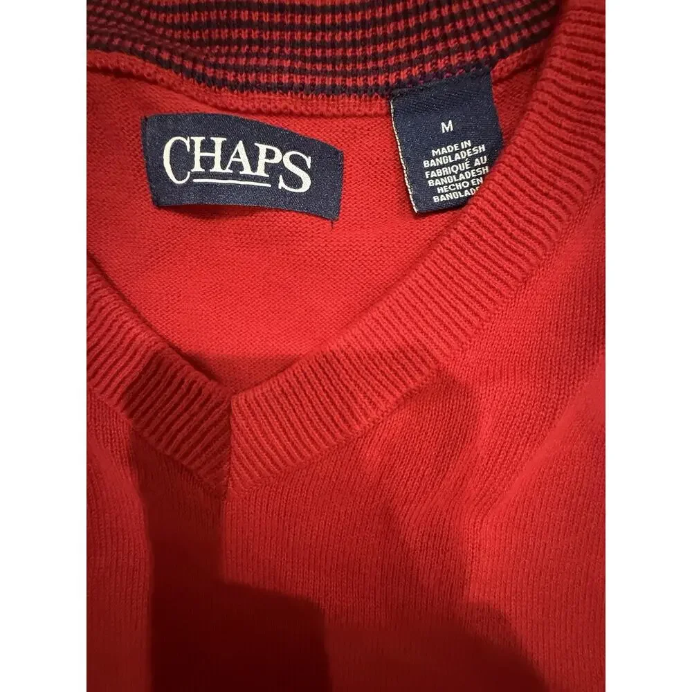 CHAPS Mens M Sweater Vest Red V Neck Embroidered Logo Pullover Preppy Golf